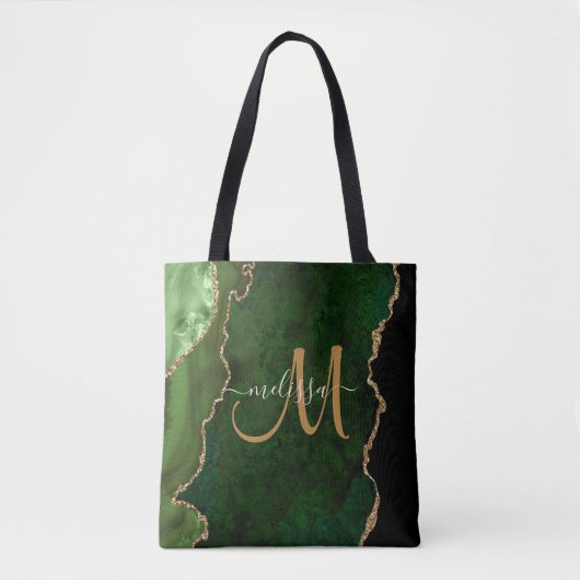 Chic Green Gold Glitter Agate Custom Monogram Tote Bag (Voorkant)