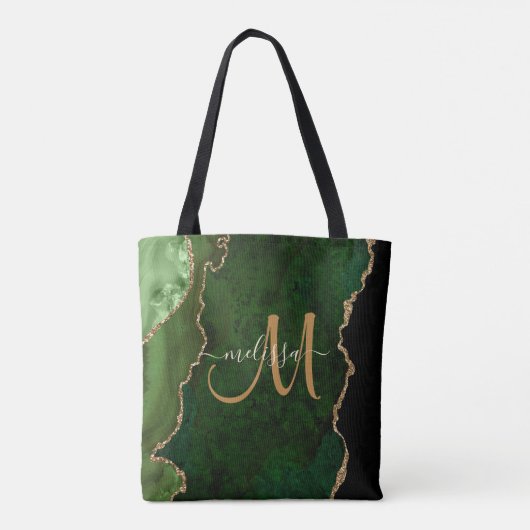 Chic Green Gold Glitter Agate Custom Monogram Tote Bag (Achterkant)