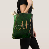 Chic Green Gold Glitter Agate Custom Monogram Tote Bag (Dichtbij)