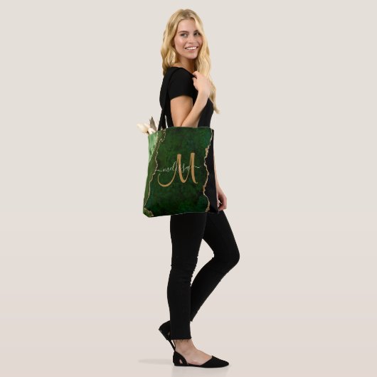 Chic Green Gold Glitter Agate Custom Monogram Tote Bag (Op model)