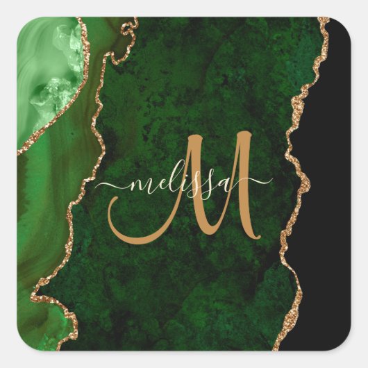 Chic Green Gold Glitter Agate Custom Monogram Vierkante Sticker (Voorkant)