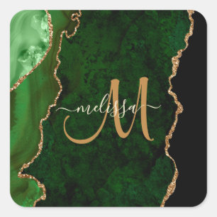 Chic Green Gold Glitter Agate Custom Monogram Vierkante Sticker