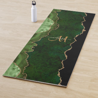Chic Green Gold Glitter Agate Custom Monogram Yogamat