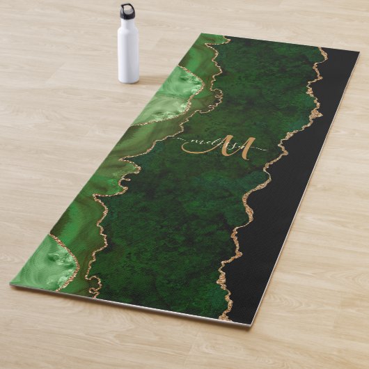 Chic Green Gold Glitter Agate Custom Monogram Yogamat (In situ)