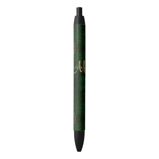 Chic Green Gold Glitter Agate Custom Monogram Zwarte Inkt Pen (Voorkant Verticaal)