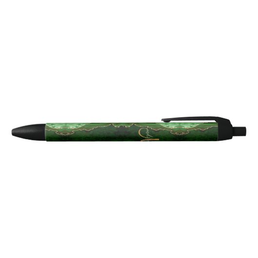 Chic Green Gold Glitter Agate Custom Monogram Zwarte Inkt Pen (Bovenkant)
