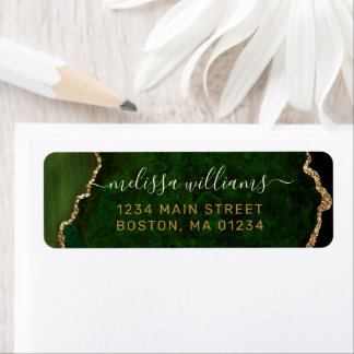 Chic Green Gold Glitter Agate Monogram Adres Etiket