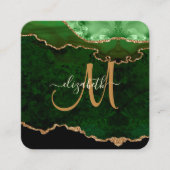 Chic Green Gold Glitter Agate Script Monogram Vierkante Visitekaartje (Voorkant)