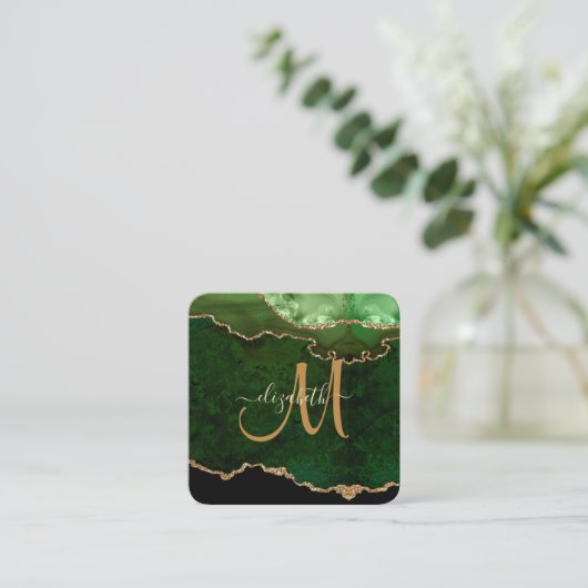 Chic Green Gold Glitter Agate Script Monogram Vierkante Visitekaartje (Staand voorkant)