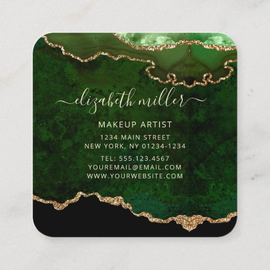 Chic Green Gold Glitter Agate Script Monogram Vierkante Visitekaartje (Achterkant)