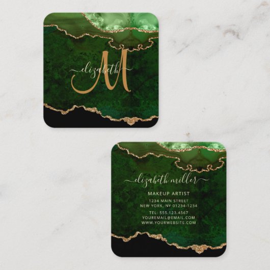 Chic Green Gold Glitter Agate Script Monogram Vierkante Visitekaartje (Voorkant / Achterkant)
