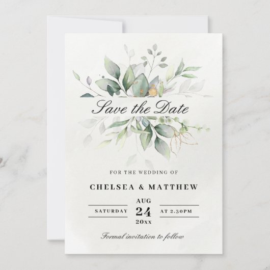 Chic Green & Gold Leafy Elegance Save The Date (Voorkant)
