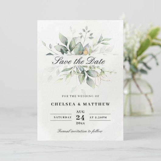 Chic Green & Gold Leafy Elegance Save The Date (Staand voorkant)