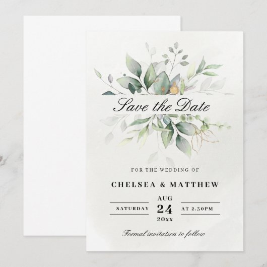 Chic Green & Gold Leafy Elegance Save The Date (Voorkant / Achterkant)