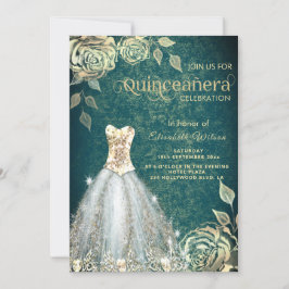 Chic green Gold rozen trendy dress Quinceañera Inv Kaart