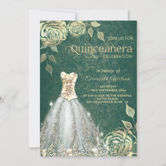 Chic green Gold rozen trendy dress Quinceañera Kaart (Voorkant)