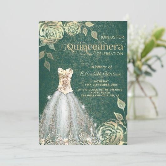 Chic green Gold rozen trendy dress Quinceañera Kaart (Staand voorkant)
