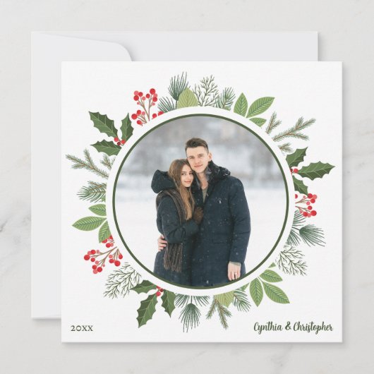 Chic Green Holly Christmas Wreath 2-zijdige foto Feestdagenkaart (Voorkant)
