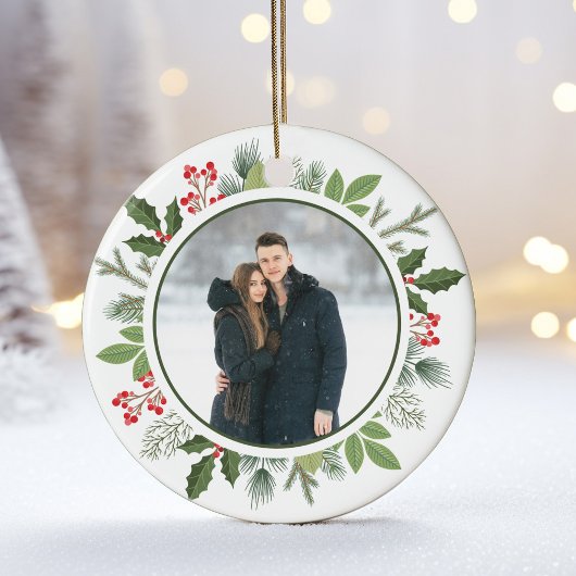Chic Green Holly Christmas Wreath 2-zijdige foto Keramisch Ornament