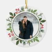 Chic Green Holly Christmas Wreath 2-zijdige foto Keramisch Ornament (Voorkant)