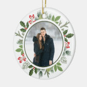 Chic Green Holly Christmas Wreath 2-zijdige foto Keramisch Ornament (Links)