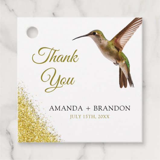 Chic Green Hummingbird en Gold Dust Wedding Bedankjes Labels (Voorkant)