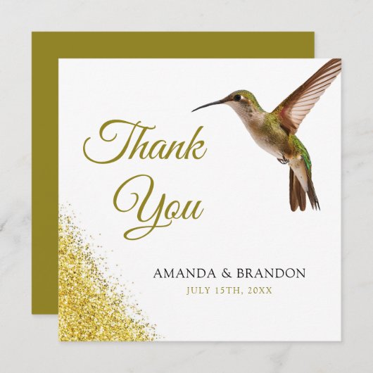 Chic Green Hummingbird en Gold Dust Wedding Bedankkaart (Voorkant / Achterkant)