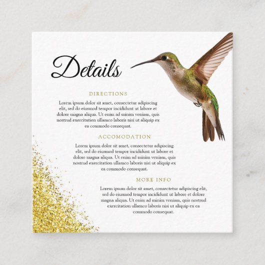 Chic Green Hummingbird en Gold Dust Wedding Informatiekaartje (Voorkant)
