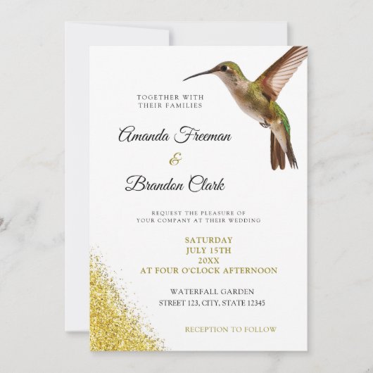 Chic Green Hummingbird en Gold Dust Wedding Kaart (Voorkant)