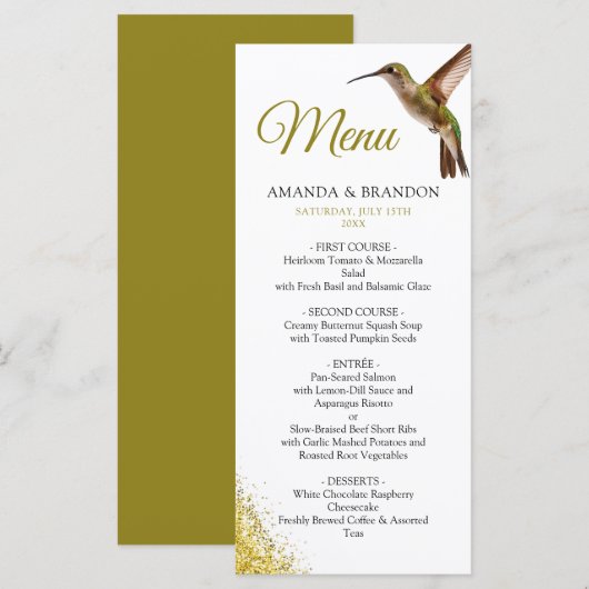 Chic Green Hummingbird en Gold Dust Wedding Menu (Voorkant / Achterkant)