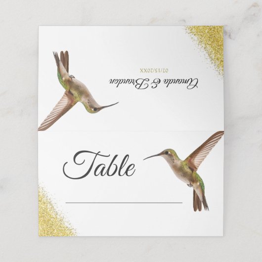 Chic Green Hummingbird en Gold Dust Wedding Plaatskaartje (Buitenkant ongevouwen)