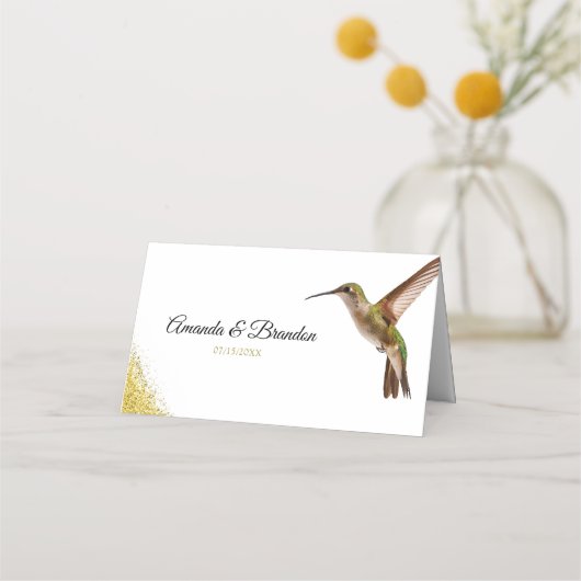 Chic Green Hummingbird en Gold Dust Wedding Plaatskaartje (Achterkant)