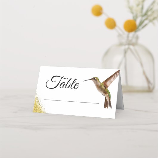 Chic Green Hummingbird en Gold Dust Wedding Plaatskaartje (Voorkant)