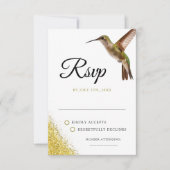 Chic Green Hummingbird en Gold Dust Wedding RSVP Kaartje (Voorkant)