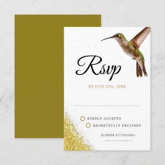 Chic Green Hummingbird en Gold Dust Wedding RSVP Kaartje (Voorkant / Achterkant)