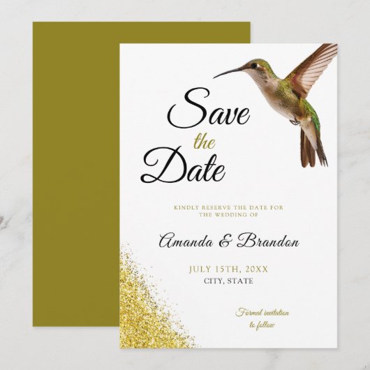 Chic Green Hummingbird en Gold Dust Wedding Save The Date (Voorkant / Achterkant)