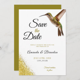 Chic Green Hummingbird en Gold Dust Wedding Save The Date