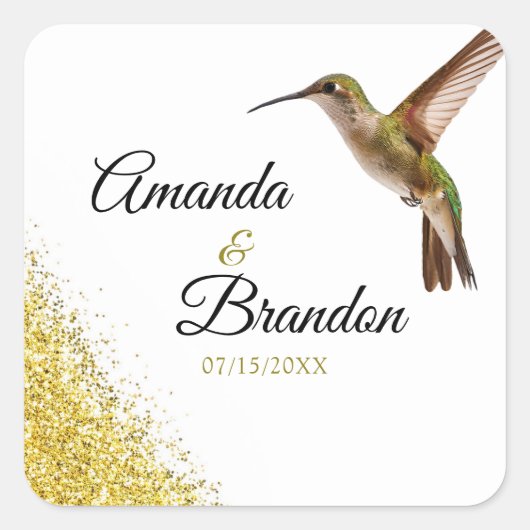 Chic Green Hummingbird en Gold Dust Wedding Vierkante Sticker (Voorkant)
