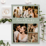 Chic Green Love and Bedankt Wedding Bedankt Briefkaart<br><div class="desc">Elegant, minimalistisch Olive Green Script Wedding 5 Foto Collage Dank u Briefkaart. Moderne bruiloft bedankt je sjabloon met vijf (5) foto op de voorkant en één (1) foto op de achterkant. Met de tekst "Liefde en bedankt" in een handgeschreven lettertype van typografie met letters in wit op een groenkleurige of...</div>