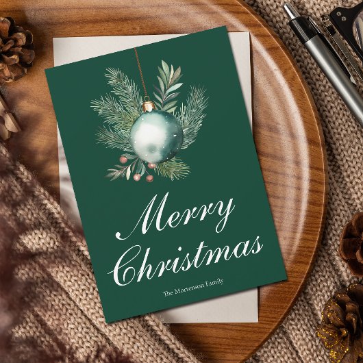 Chic Green Merry Christmas Ornament Non Photo Feestdagenkaart