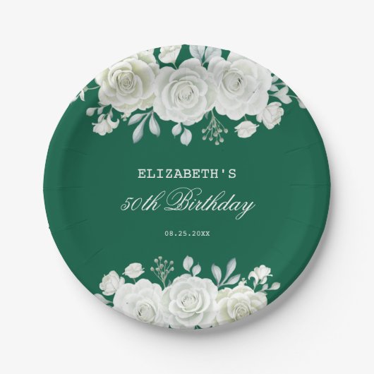 Chic Green Pastel White Rose Greenery Verjaardag Papieren Bordje (Voorkant)