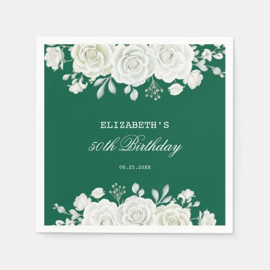 Chic Green Pastel White Rose Greenery Verjaardag Servet (Voorkant)