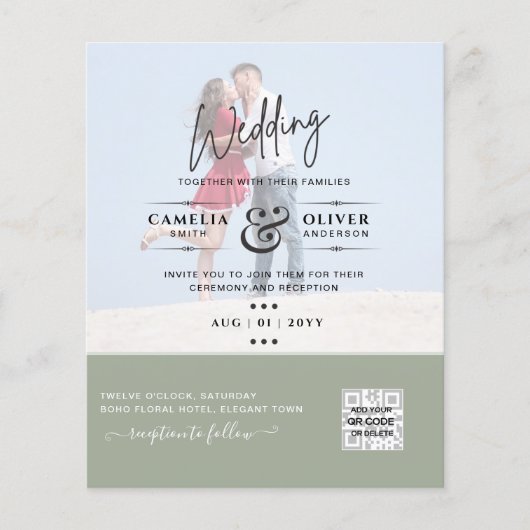 Chic Green Photo Wedding nodigt QR Code Save Date  Flyer (Voorkant)