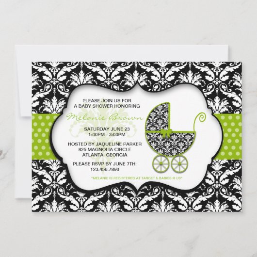 Chic Green Polka Dot Damask Baby shower Invite Kaart (Voorkant)