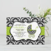 Chic Green Polka Dot Damask Baby shower Invite Kaart (Staand voorkant)