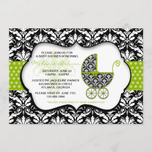 Chic Green Polka Dot Damask Baby shower Invite Kaart