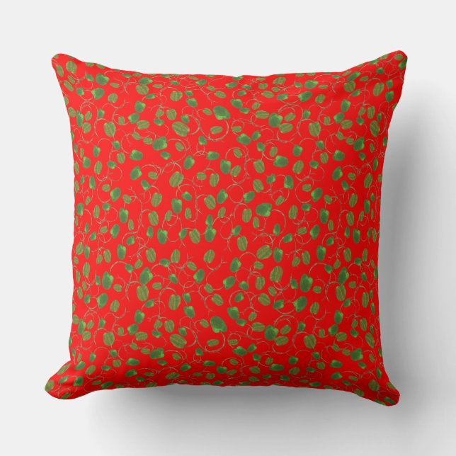Chic Green Poppy Buds Pattern op Bright Red Kussen (Voorkant)
