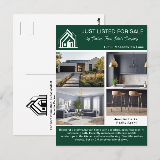 Chic Green Real Estate Company Home Listing Briefkaart (Voorkant / Achterkant)