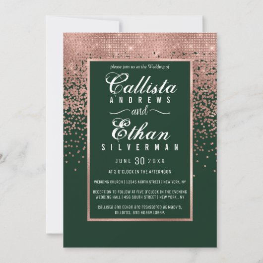 Chic Green Roos Gold Glitter Confetti Wedding Kaart (Voorkant)