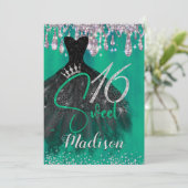 Chic green Silver glitter druppelt zoet 16-invitat Kaart (Staand voorkant)